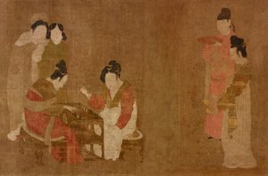 Damas de la corte jugando a los dobles-seises (detalle) de Zhou Fang